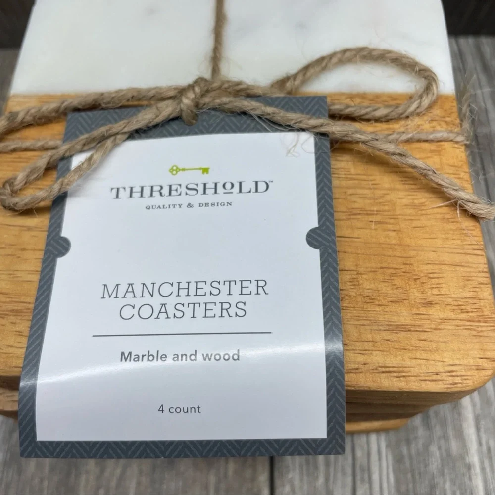 Threshold Quality & Design Set of 4 Manchester Marble & Wood Coasters NEW